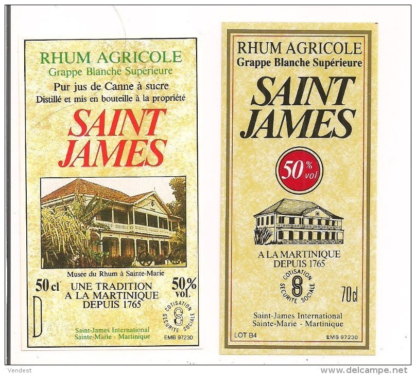 2 Etiquettes  Rhum  Agricole Grappe Blanche Supérieure 50 Et 70cl  - 50% - SAINT JAMES  -  Ste Marie -  MARTINIQUE - - Rhum