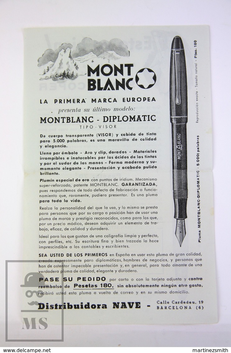 Vintage 1940's Spanish Montblanc Diplomat Fountain Pen Advertising Leaflet - Publicidad