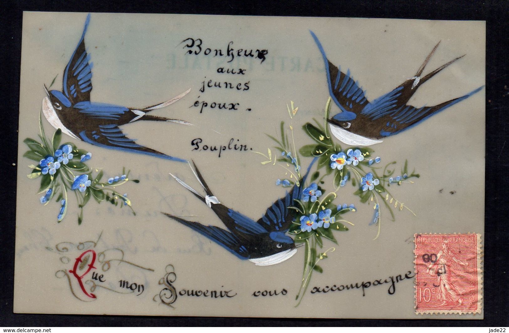 JOLIE CPA FANTAISIE CELLULOID CELLULOIDE Peinte à La Main Oiseau Hirondelle Bonheur Aux Jeunes Epoux Mariage -# 620 - Autres & Non Classés