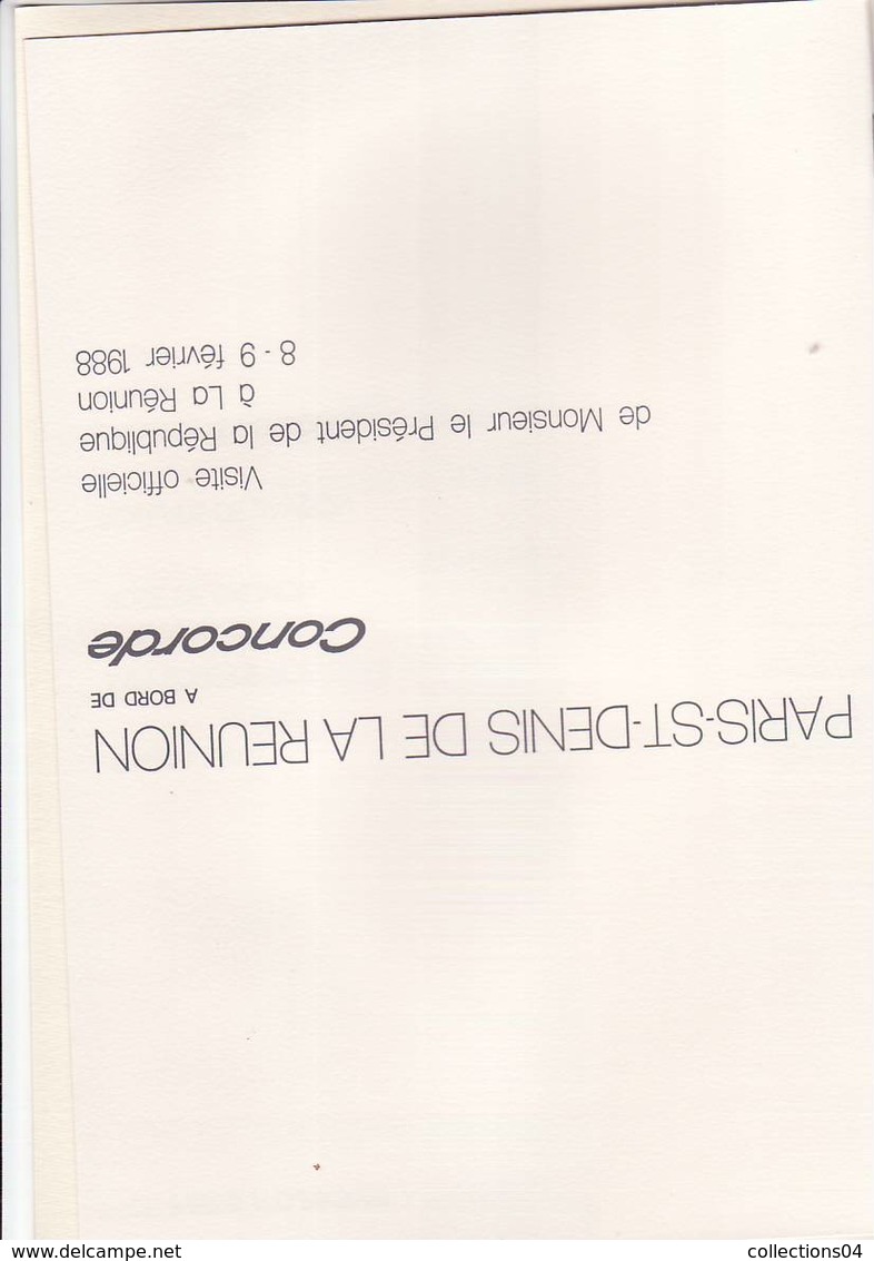 MENU AIR FRANCE  CONCORDE VISITE OFFICIELLE DE MR LE PRESIDENT DE LA REPUBLIQUE MITTERRAND A LA LA REUNION 8-9.02 1988 - Menus