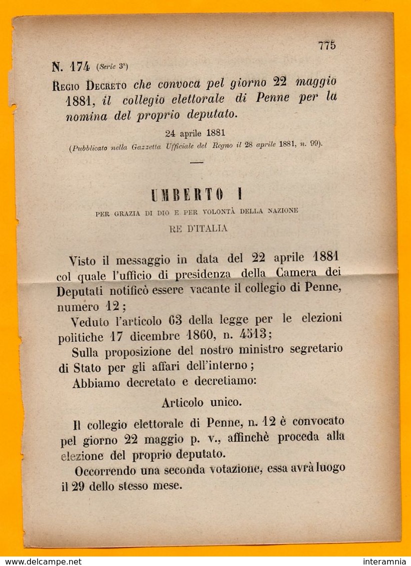 PENNE PESCARA-PER LA NOMINA DEL PROPRIO DEPUTATO-DECRETO DEL 1881 - Pescara