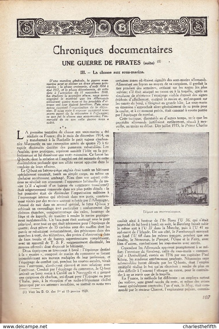 TOURING CLUB Du 1er Mars 1920 - Reportages LA CHASSE AUX SOUS-MARINS + VILLAGES D' ENGIS A LIEGE - Documentos Históricos