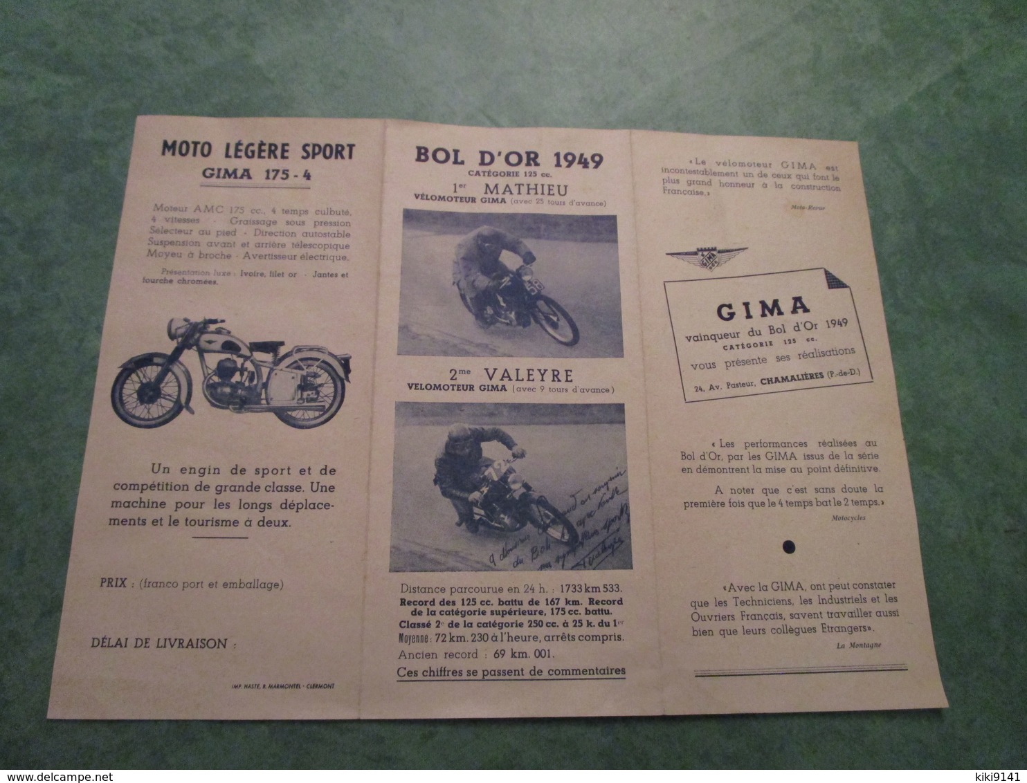 Vélomoteurs - Motos GIMA - 24, Avenue Pasteur à CHAMALIERES (dépliant 3 Volets) - Motos