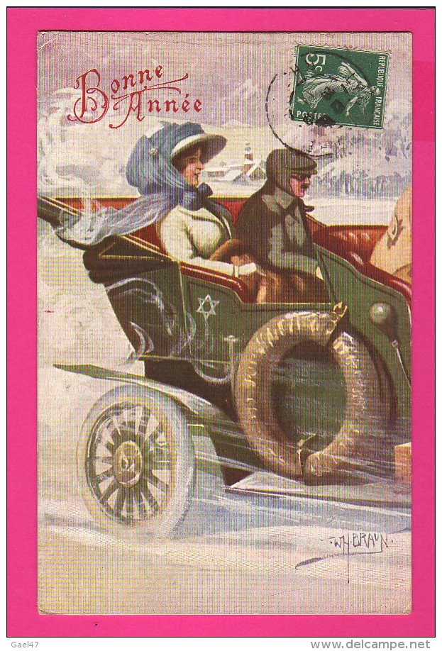 CPA  (Réf Z865) Illustrateur W. BRAUN Couple Dans Vieille Voiture Bonne Année, Beau Chapeau - Braun, W.