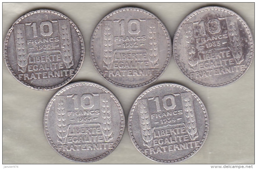 5 Pièces De 10 Francs Turin 1930, 1932 , 1933 (2), 1934 En Argent. - Autres & Non Classés