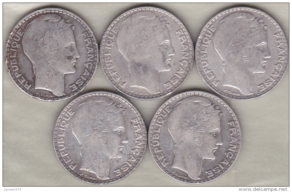 5 Pièces De 10 Francs Turin 1930, 1932 , 1933 (2), 1934 En Argent. - Autres & Non Classés