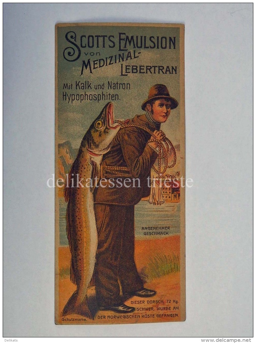 SCOTTS EMULSION Medizinal Lebertran Wien Vitamine Norway Salmon Fisherman Label Etichetta - Pubblicitari