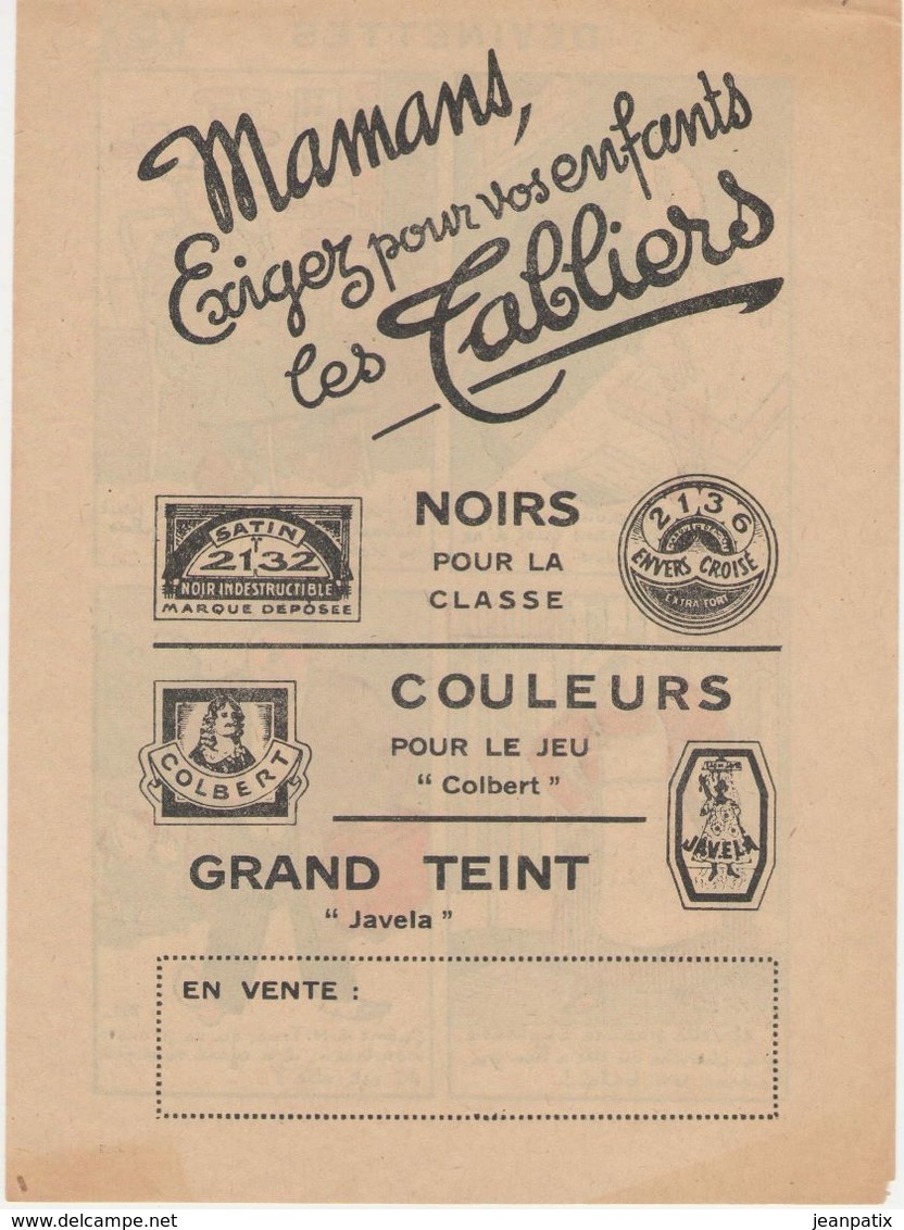 Imagerie Moderne Louis Bellenand Et Fils 1930 - Devinettes - Publicité Verso Les Tabliers Colbert Javela - Menükarten