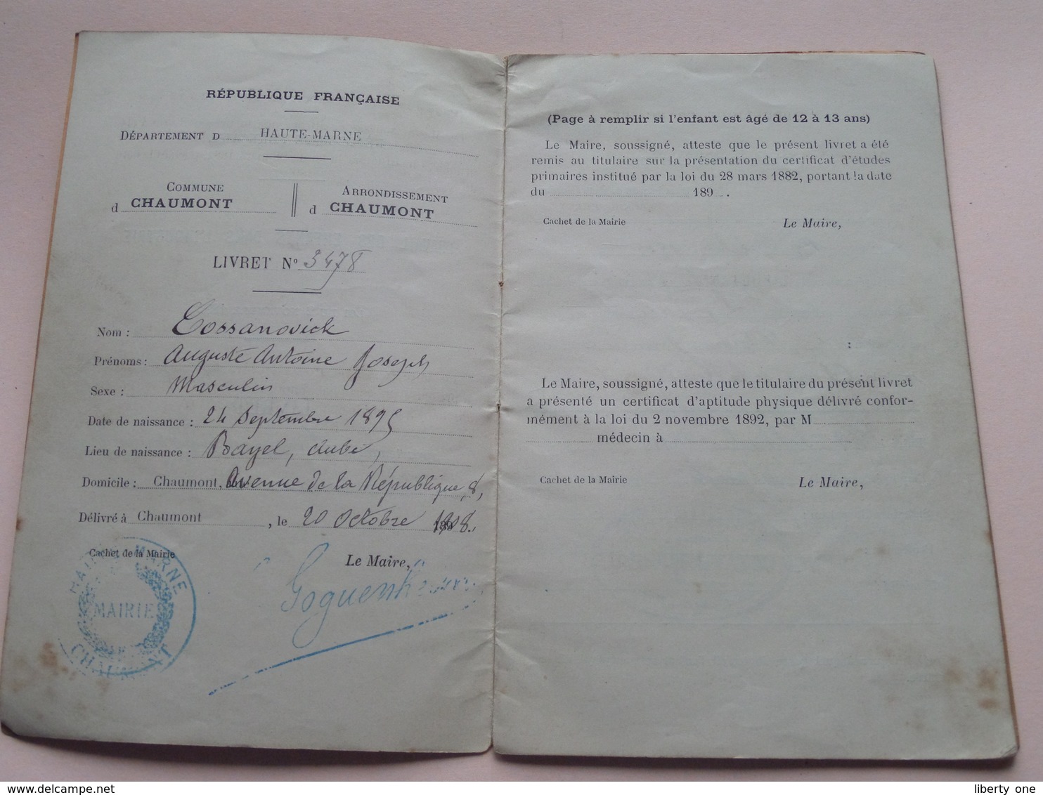 LIVRET -Travail Des Enfants Dans L'INDUSTRIE Haut-Marne CHAUMONT ( Cossanovick Bayel Aube) Anno 1908 / 13 ( Voir Photo ) - Ohne Zuordnung