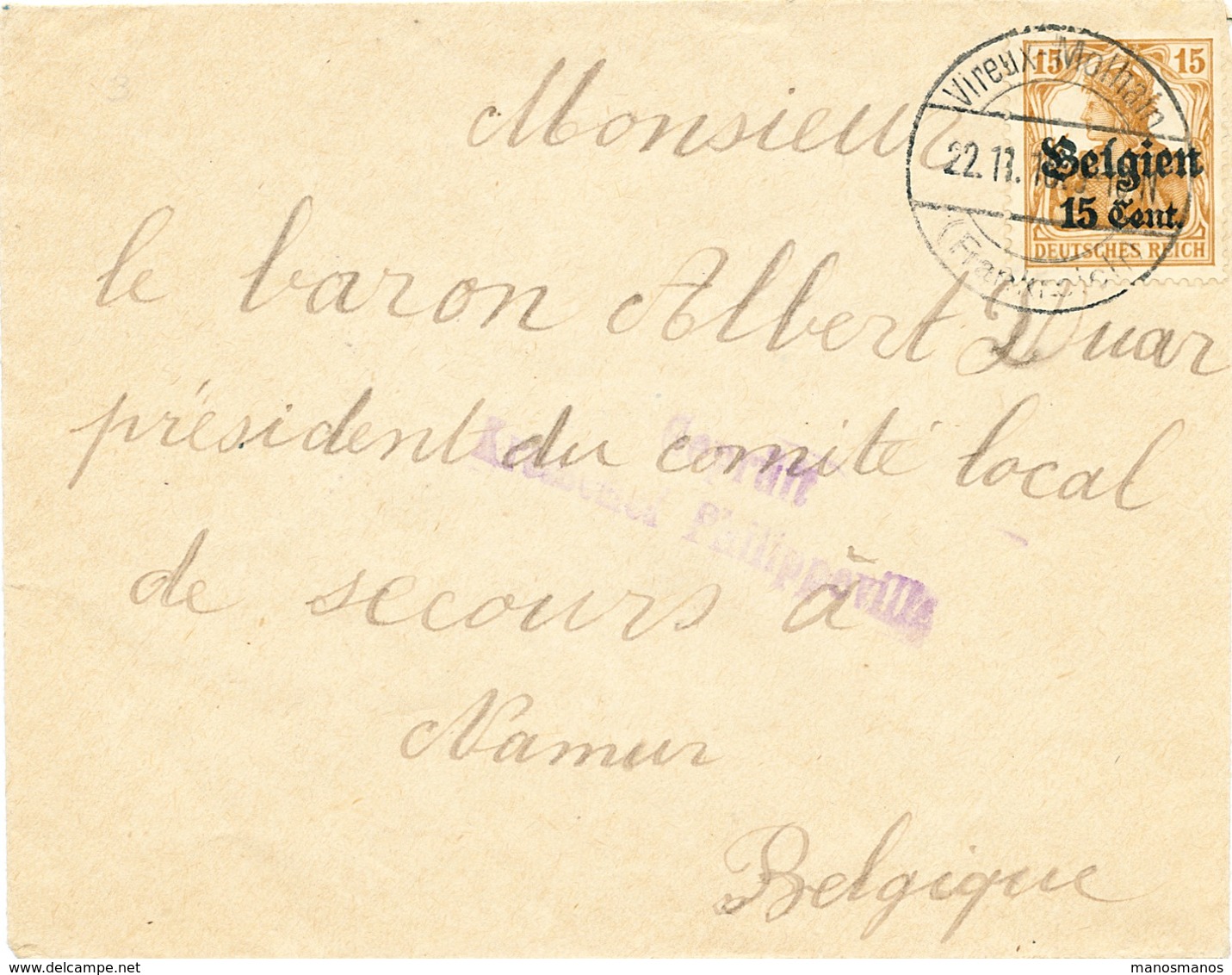 190/26 - ARDENNES FRANCAISES - Enveloppe TP Germania VIREUX MOLHAIN 1916 -  Censure De PHILIPPEVILLE - Autres & Non Classés