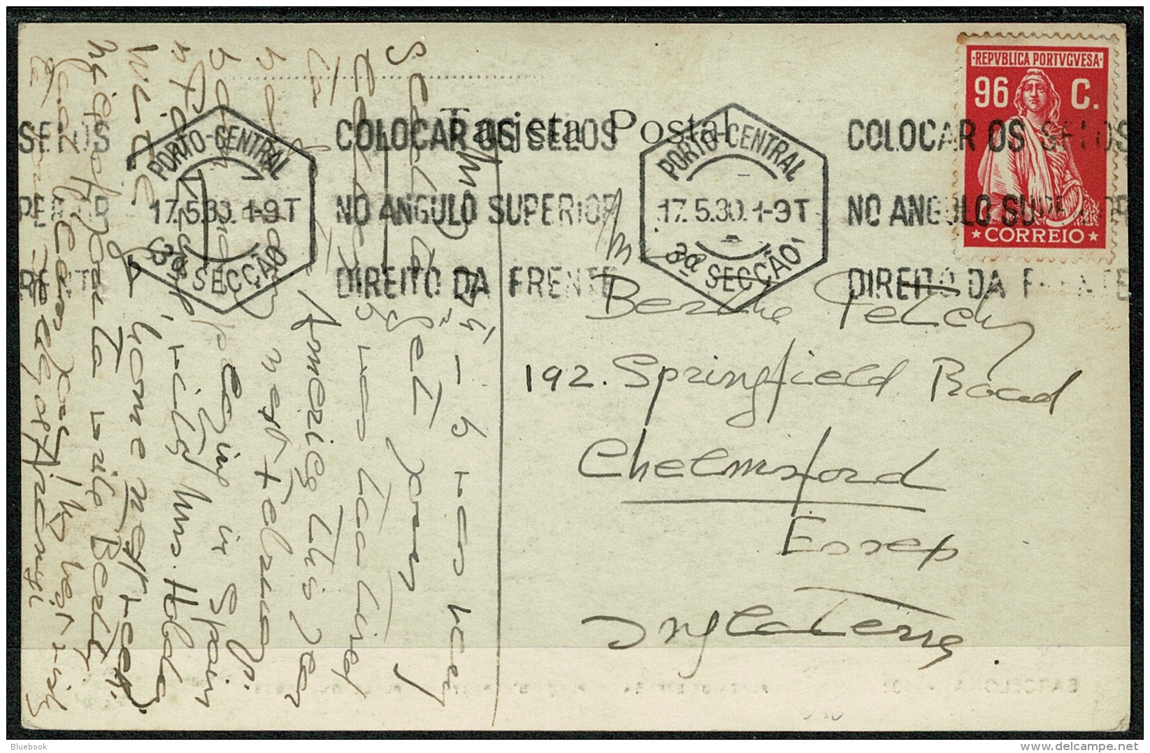 RB 1198 -  1930 Postcard - Portugal 96c Ceres Single Franking To UK - Good Slogan Postmark - Covers & Documents