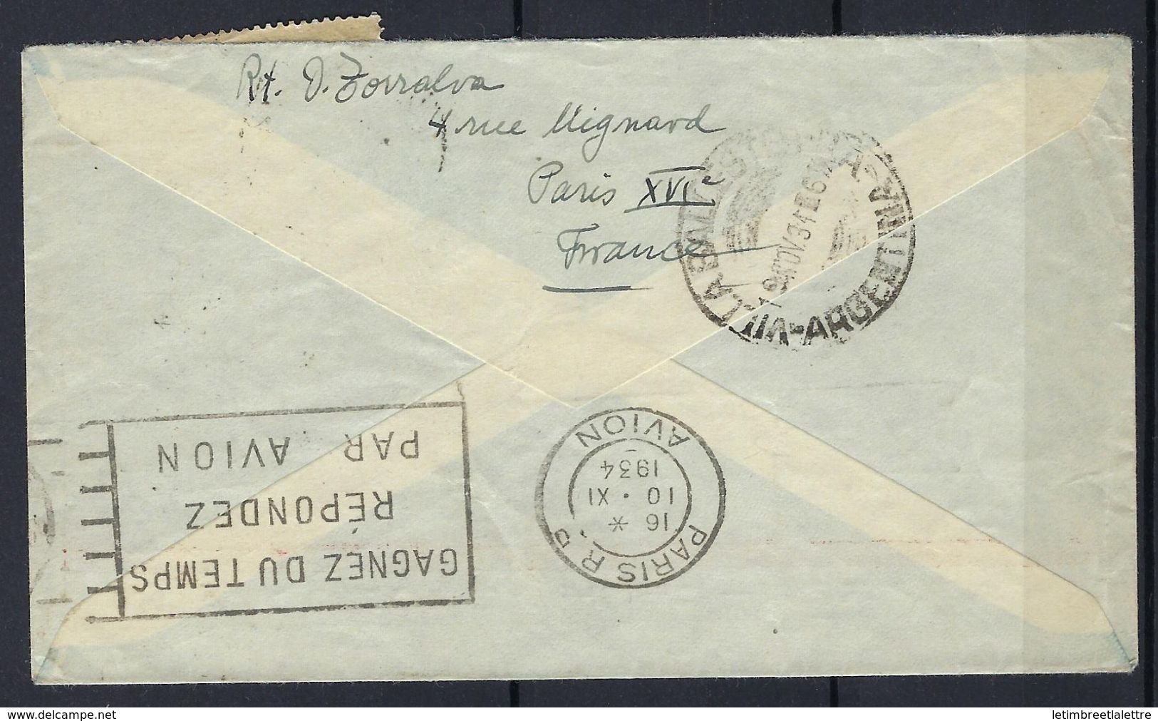 Lettre De France Pour L'Argentine Du 10/11/34 Arriévée Le 19/10/34 - 1927-1959 Lettres & Documents