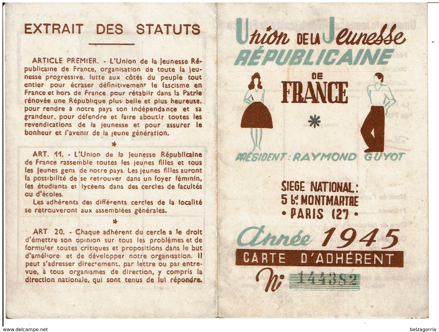 UNION De La JEUNESSE REPUBLICAINE De FRANCE CARTE D' ADHERENT Année 1945 Section PAU ( Pas Courant ) - Historical Documents