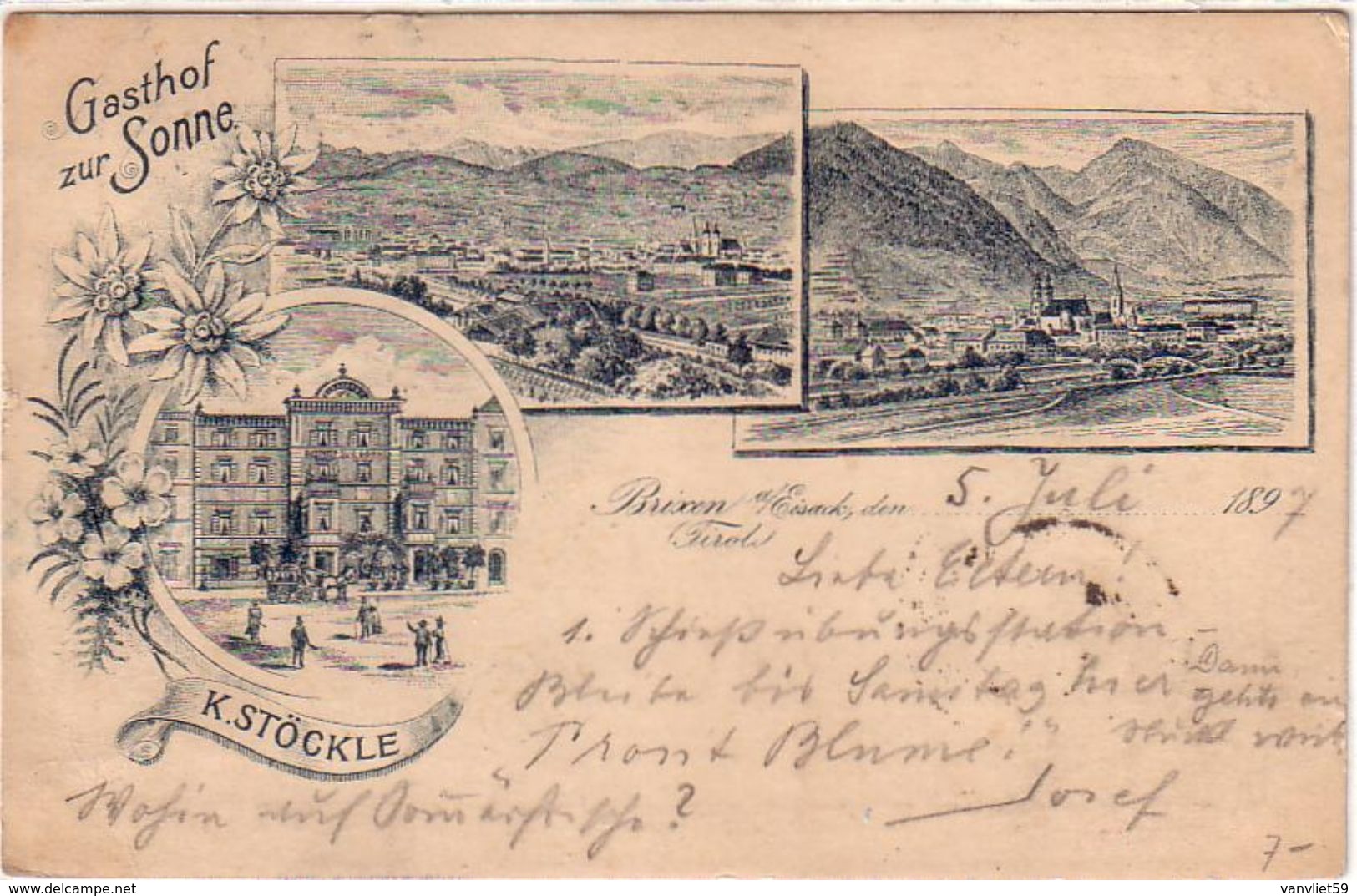 BRIXEN-BRESSANONE-BOZEN-BOLZANO- GASTOF ZUR SONNE-CARTOLINA GRUSS-VIAGGIATA IL 5-7-1897 - Bolzano (Bozen)