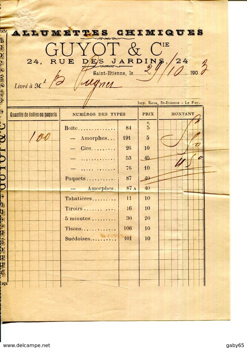 42.LOIRE.SAINT ETIENNE.EPICERIE.ALLUMETTES CHIMIQUES.GUYOT & Cie.24 RUE DES JARDINS.2 PIECES. - Alimentaire