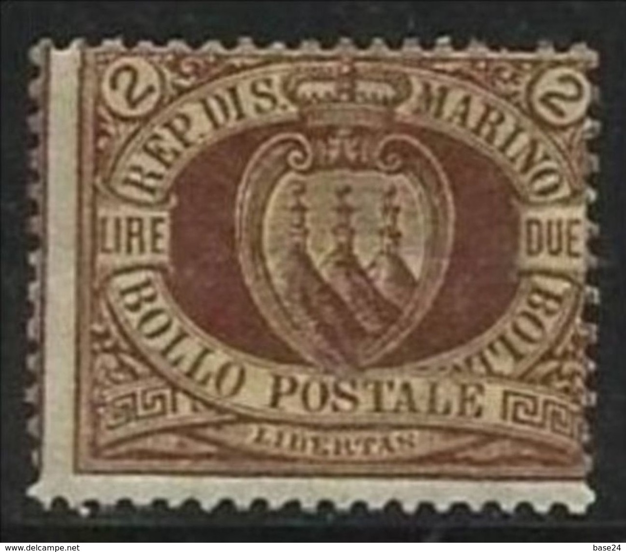 1892 San Marino Saint Marin CIFRA O STEMMA 2L Bruno Su Arancio (21) MNH** Varietà Firm.Diena - Errors, Freaks & Oddities (EFO)