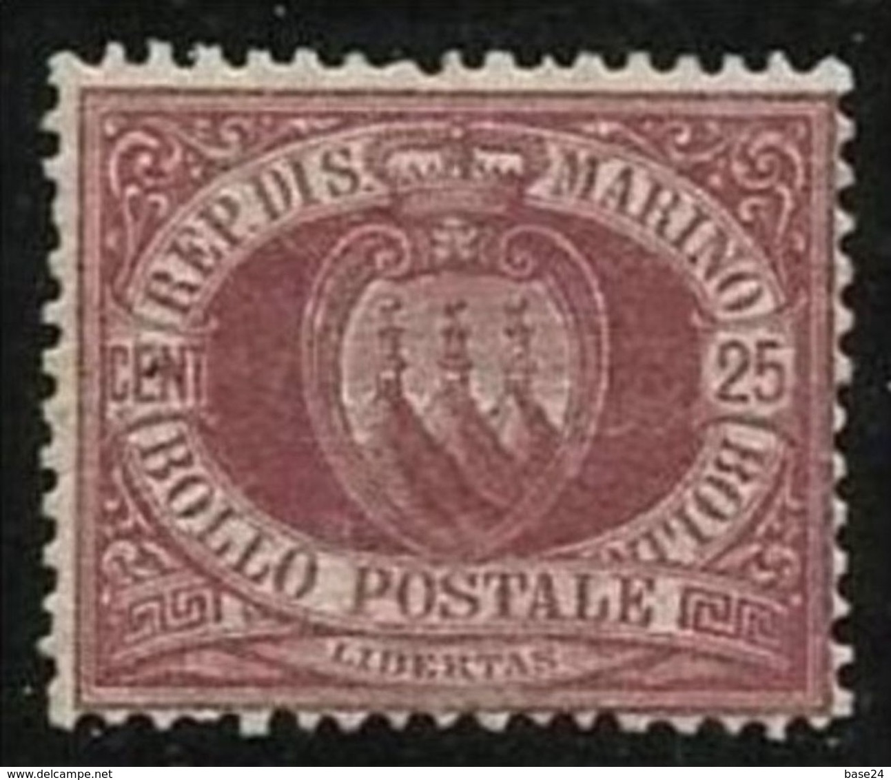 1877 San Marino Saint Marin 25c LACCA (N°5)  CIFRA O STEMMA  MLH* - Neufs