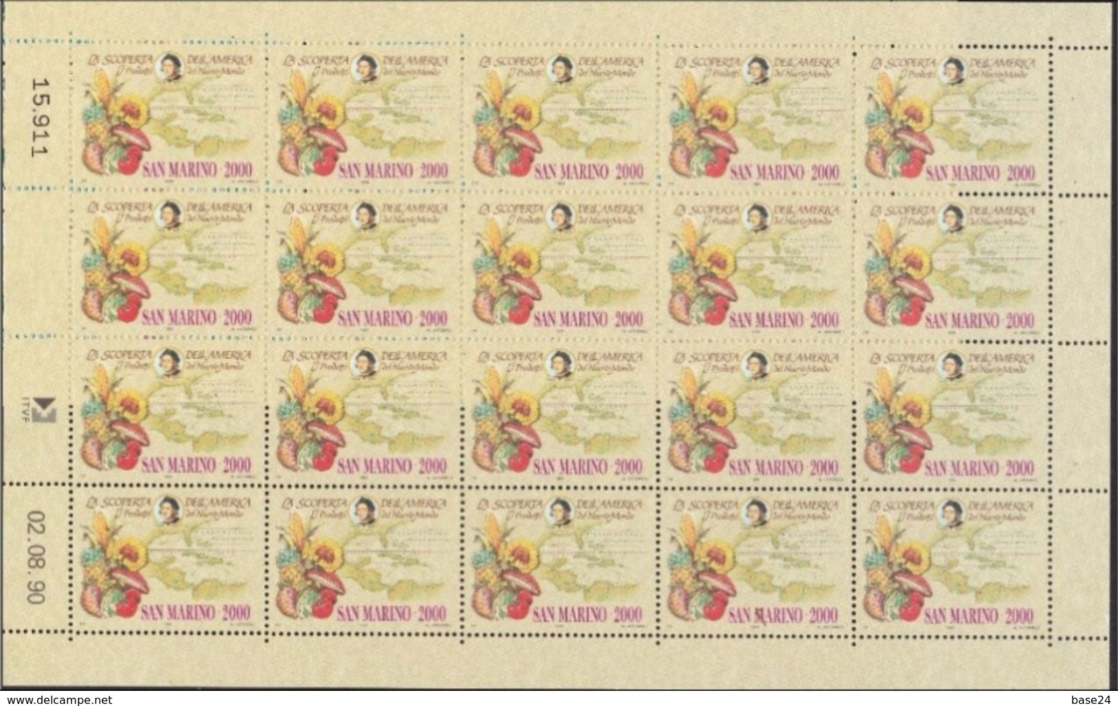 1990 San Marino Saint Marin CRISTOFORO COLOMBO 20 Serie Di 2v. In Fogli MNH** Sheets - Cristoforo Colombo