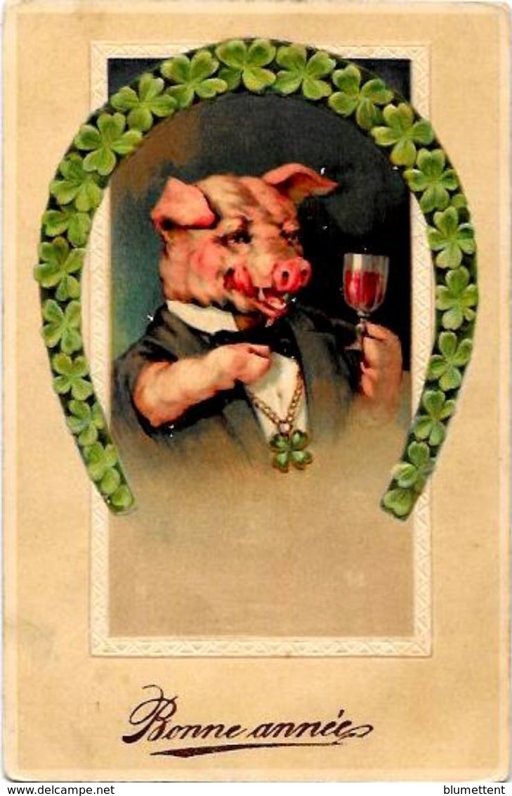 CPA Cochon Fantaisie Pig Position Humaine Gaufré Embossed Circulé - Cochons