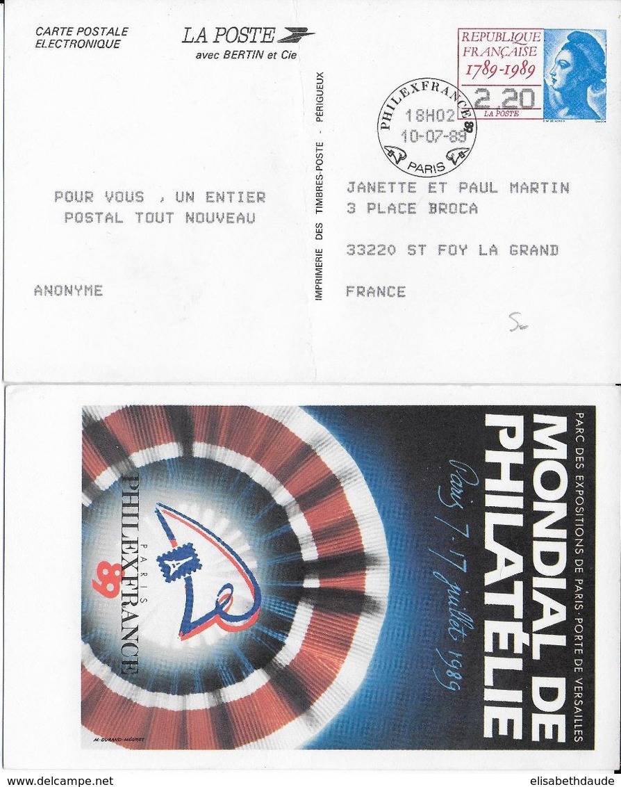 1989 - CARTE ELECTRONIQUE ENTIER POSTAL De L'EXPO PHILEXFRANCE à 2.20 => FRANCE - Enteros Administrativos