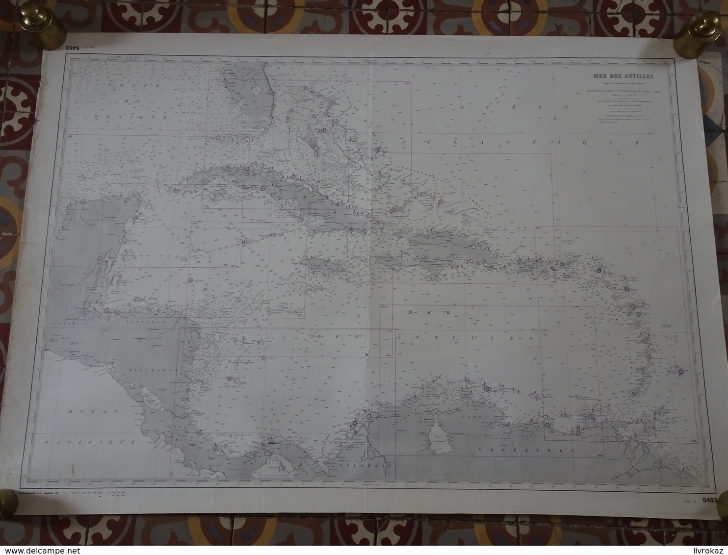 Carte Marine Papier De La Mer Des Antilles, SHOM N°5453, Edition N°6 De 1952, Cuba, Haïti, Jamaïque, Saint Domingue, TBE - Nautical Charts