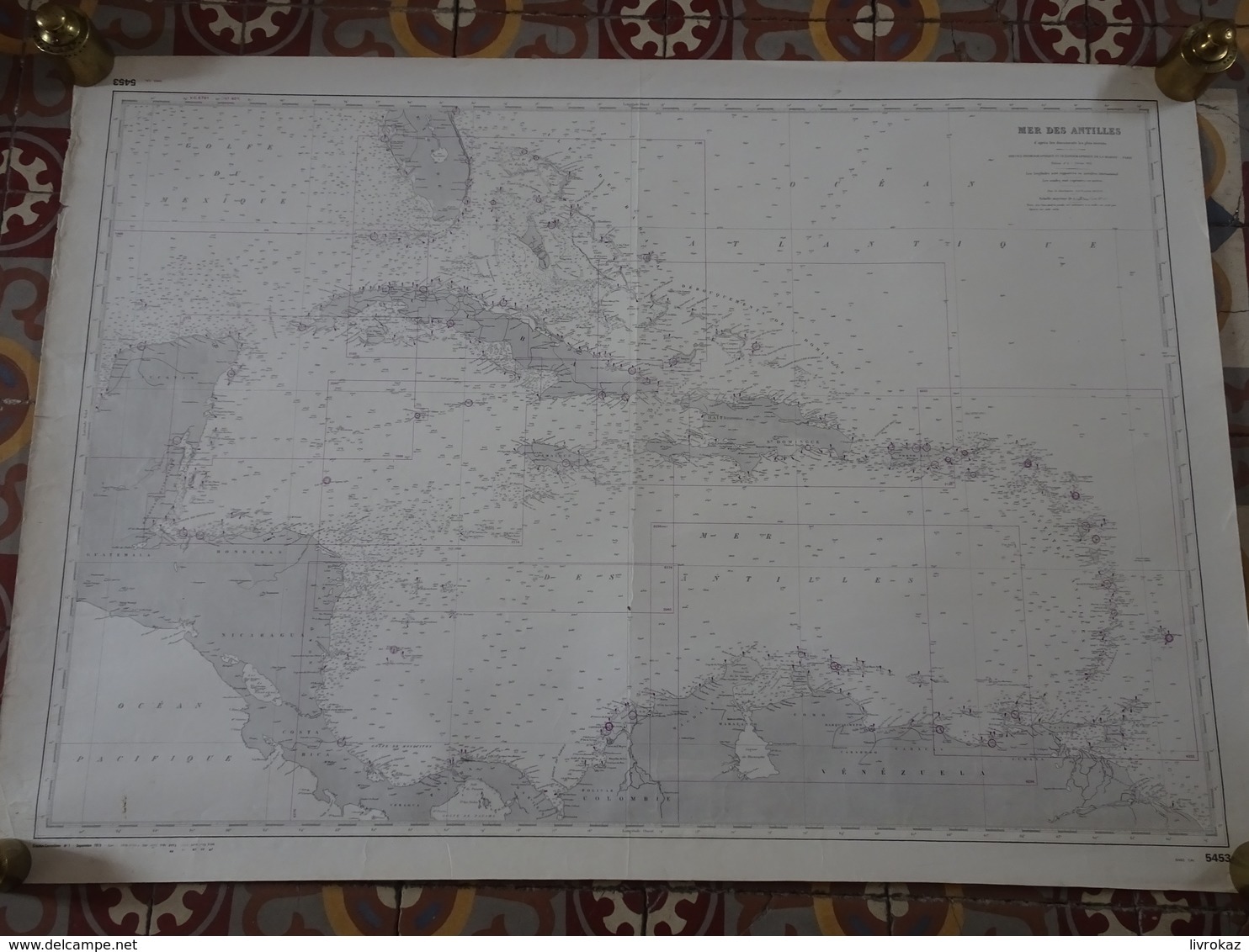 Carte Marine Papier De La Mer Des Antilles, SHOM N°5453, Edition N°6 De 1952, Cuba, Haïti, Jamaïque, Saint Domingue, TBE - Zeekaarten