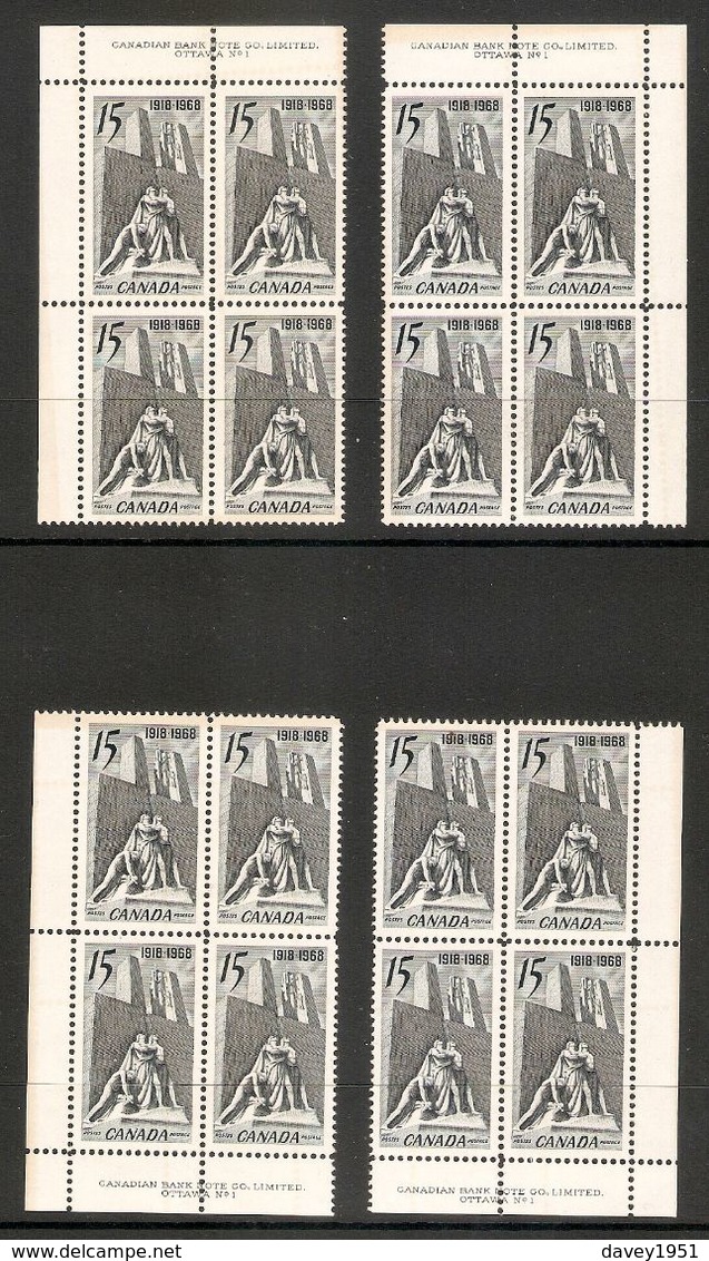 001484 Canada 1968 Armistice 15c Plate Block Set MNH - Plate Number & Inscriptions