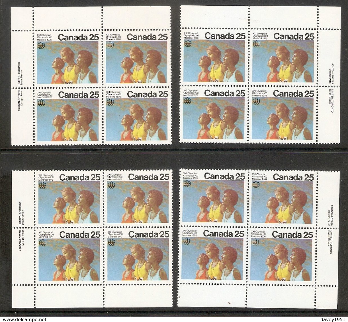 001508 Canada 1976 Olympics 25c Plate Block Set MNH - Plate Number & Inscriptions