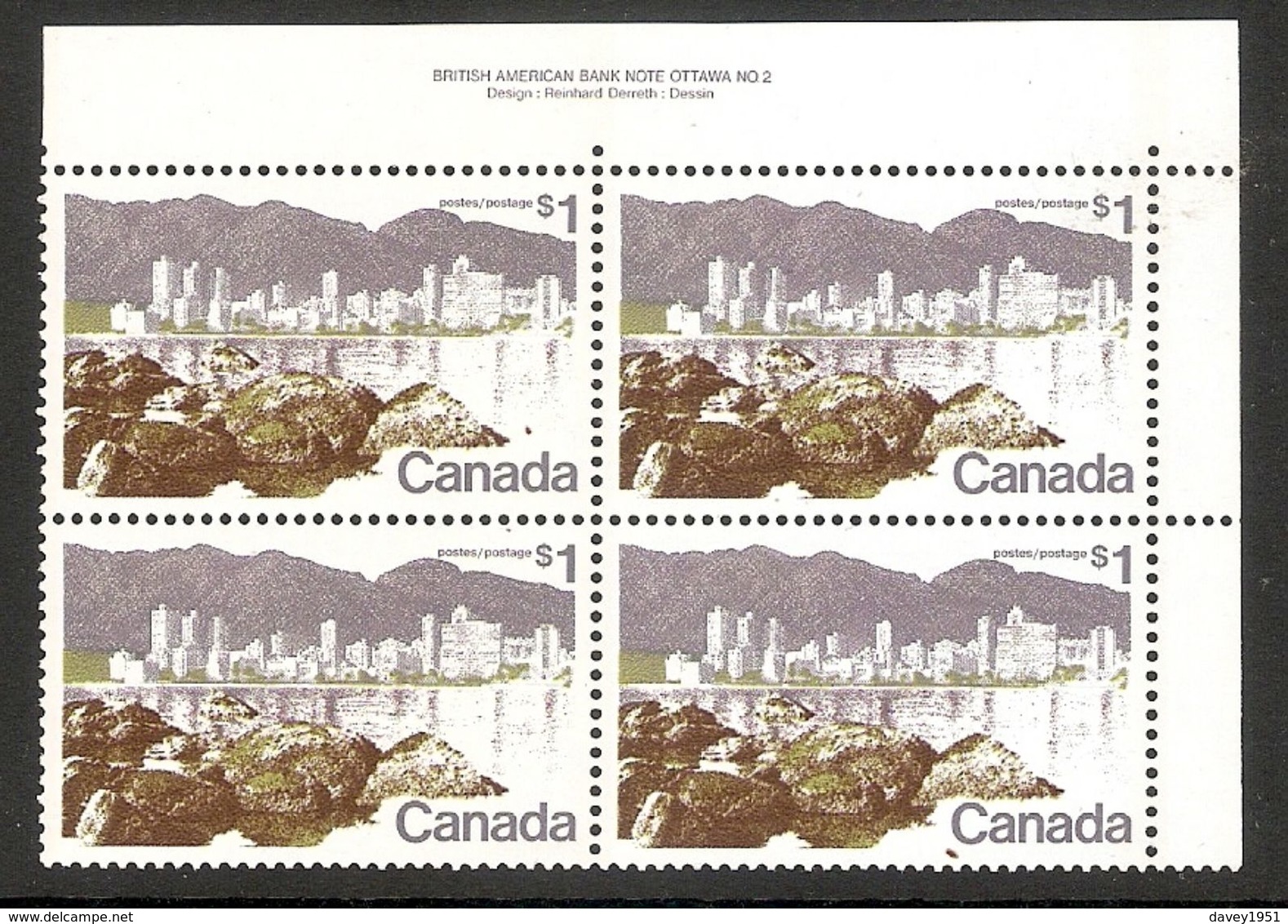 001531 Canada 1973 $1 Plate Block 2 UR MNH - Plate Number & Inscriptions