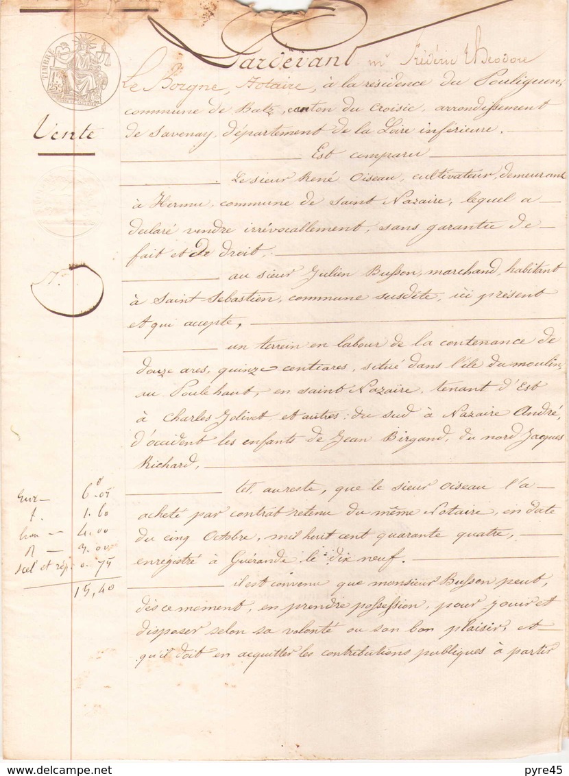 ACTE NOTARIE VENTE DU 24 FEVRIER 1850 A GUERANDE - Manuscripts