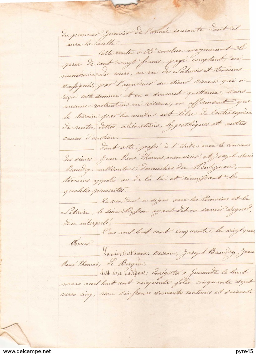 ACTE NOTARIE VENTE DU 24 FEVRIER 1850 A GUERANDE - Manuscripts