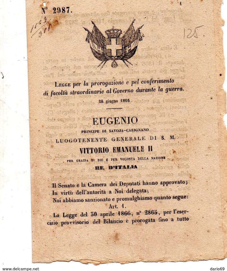 1866  DECRETO .CONFERIMENTO DI FACOLTÀ STRAORDINARIA AL GOVERNO DURANTE LA GUERRA - Decreti & Leggi