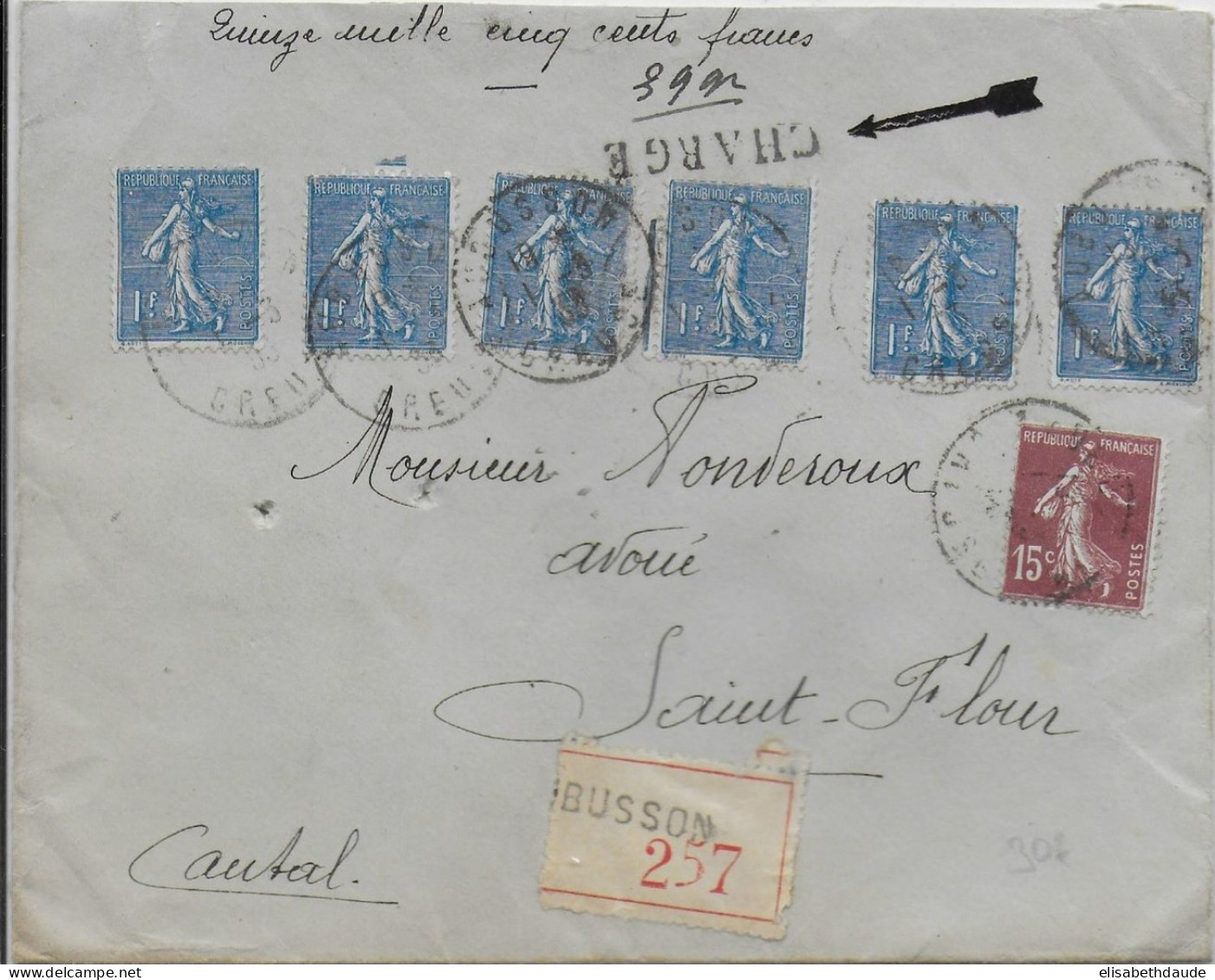 1933 - ENVELOPPE CHARGEE De AUBUSSON (CREUSE) => SAINT FLOUR - SEMEUSES - 1903-60 Sower - Ligned