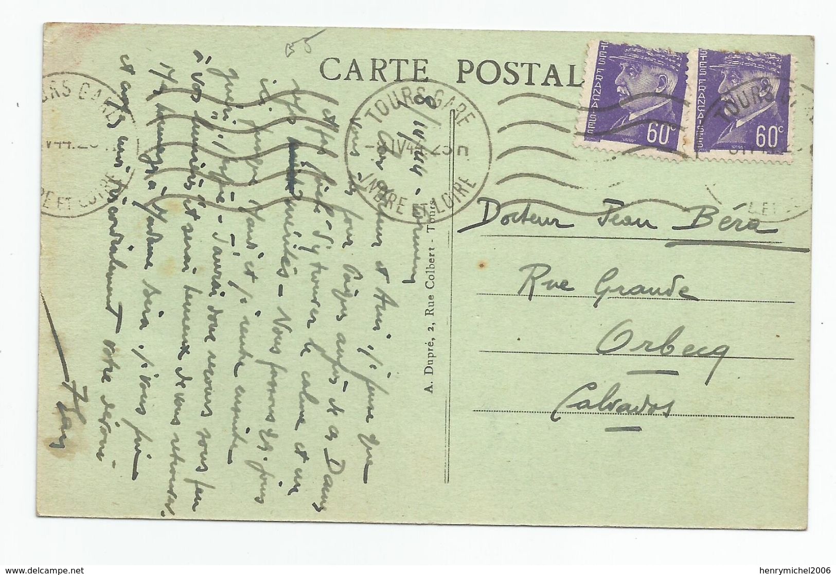 37 Indre Et Loire - Cormery L'église Batie En 791 , Timbres Pétain 60c A Moitié Cachet Tours 8/04/1944 - Guerre De 1939-45