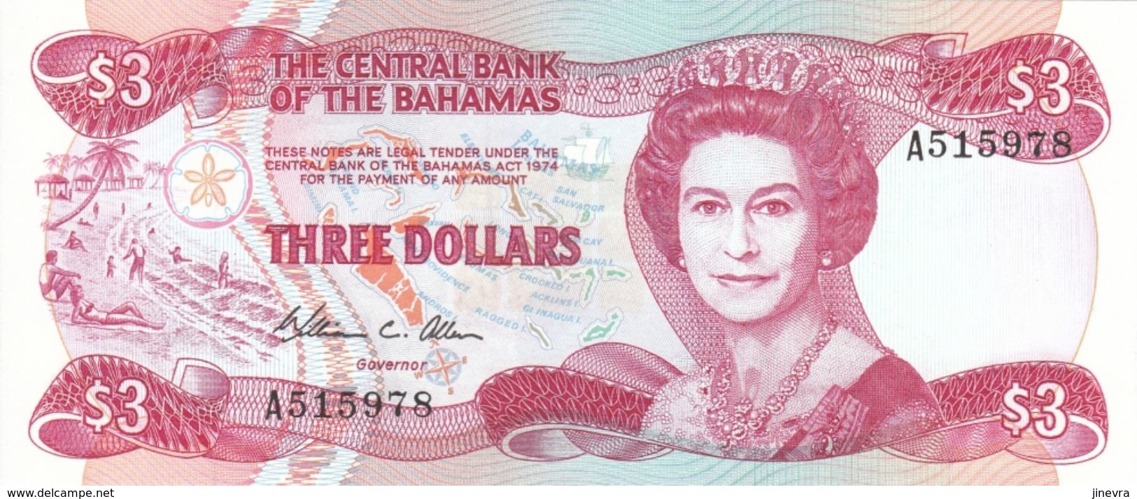 BAHAMAS 3 DOLLARS 1984 PICK 44 UNC - Bahamas