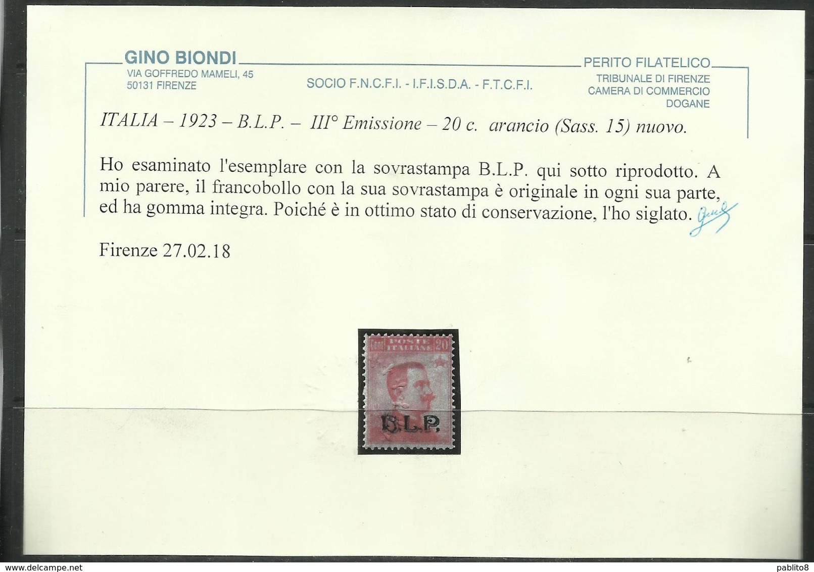 ITALY KINGDOM ITALIA REGNO 1921 1922 BLP  CENTESIMI 20c III TIPO MNH CERTIFICATO - Sellos Para Sobres Publicitarios