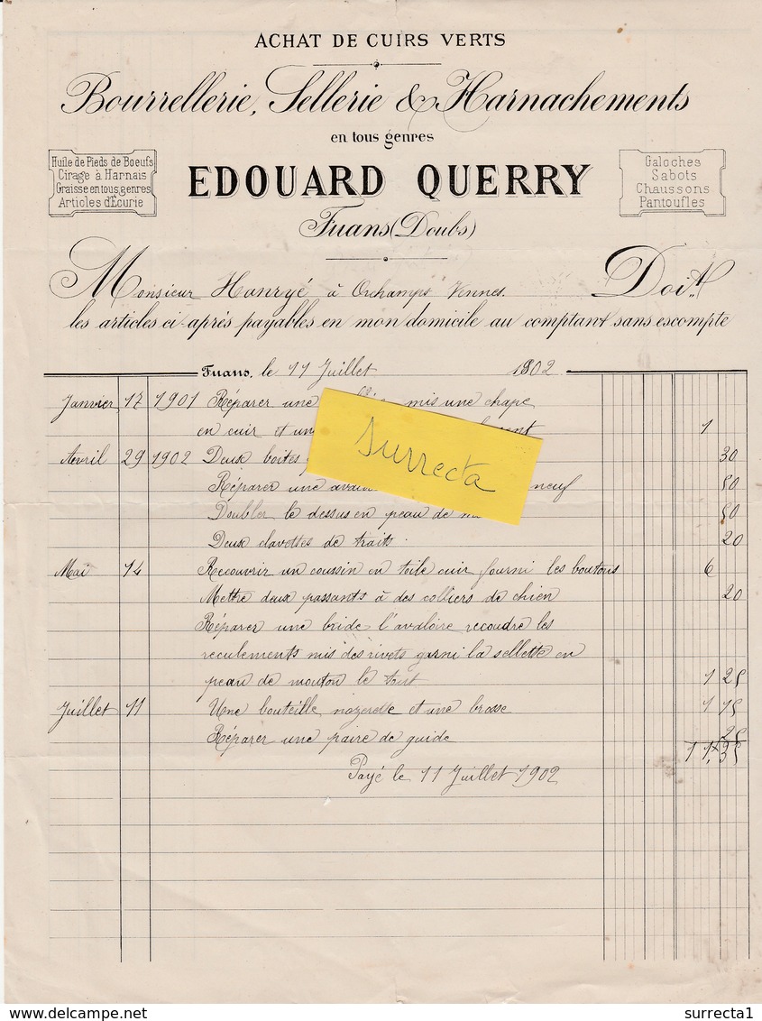 Facture 1902 / Edouard QUERRY / Sellerie / 25 Fuans / Doubs - Autres & Non Classés