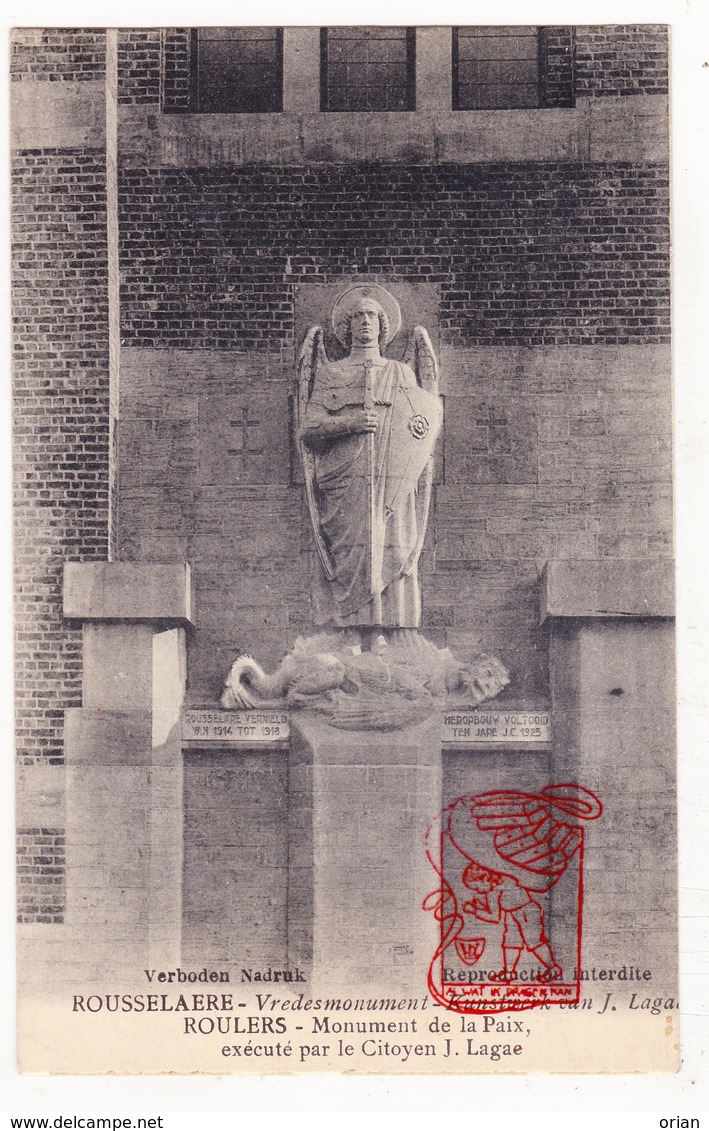 Postkaart Roeselare Stadhuis - Vredesmonument Beeldhouwer Jules Lagae / Aartsengel Michael - Roeselare