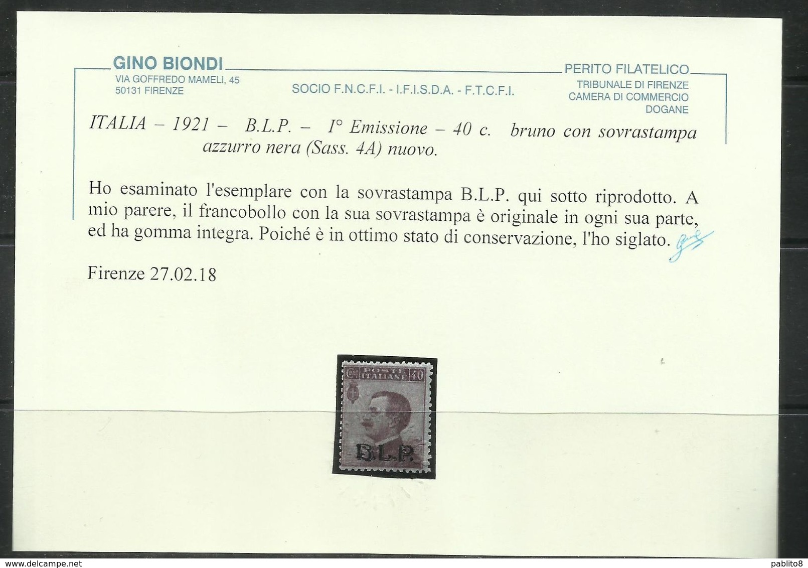ITALY KINGDOM ITALIA REGNO 1921 BLP  CENTESIMI 40c I TIPO SOPRASTAMPA AZZURRO NERA MNH - Timbres Pour Envel. Publicitaires (BLP)
