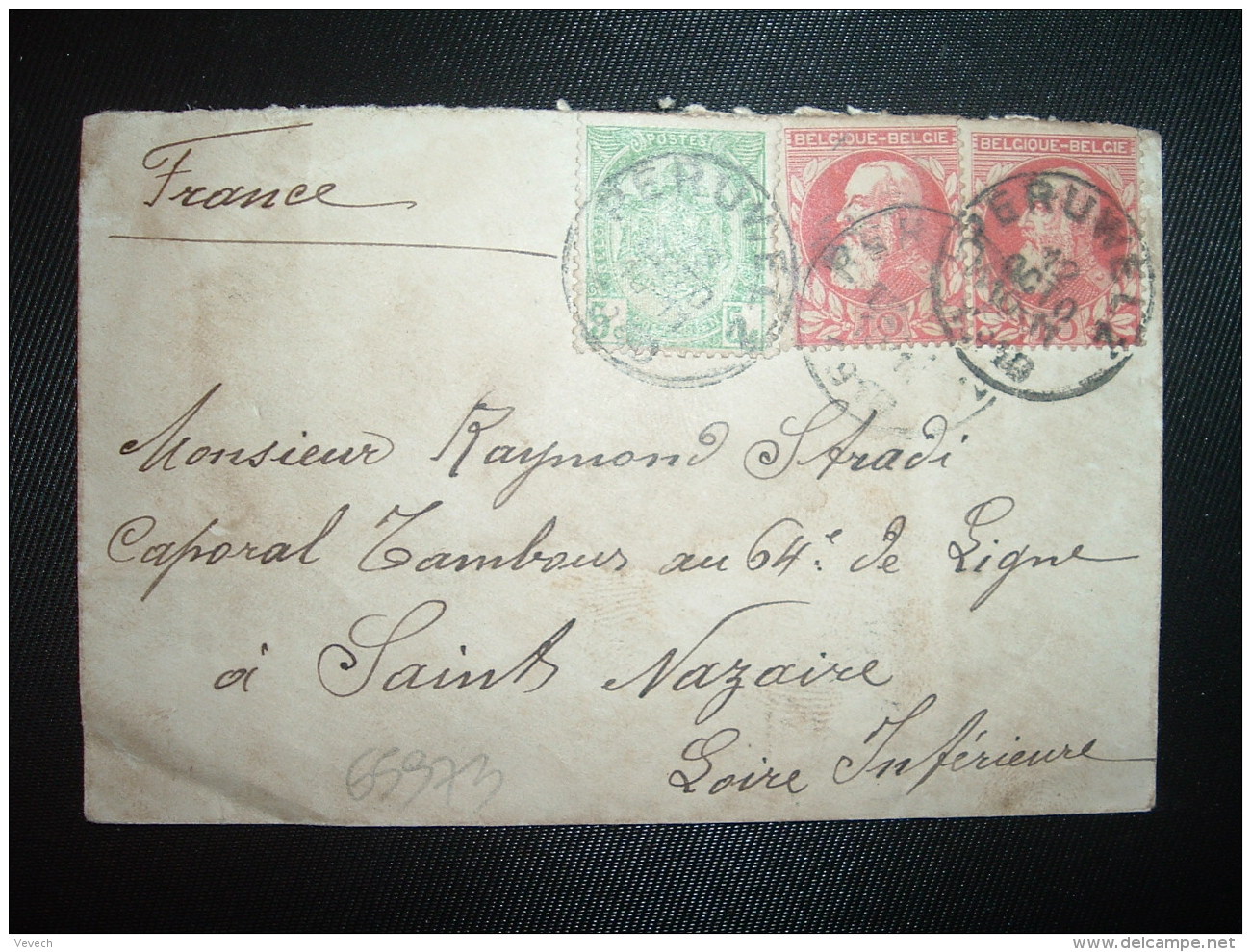 LETTRE MIGNONNETTE TP 10c X2 + TP 5c OBL.12 OCTO 1910 PERUWELZ à RAYMOND STRADI CAPORAL TAMBOUR 64e SAINT NAZAIRE (44) - 1905 Grosse Barbe