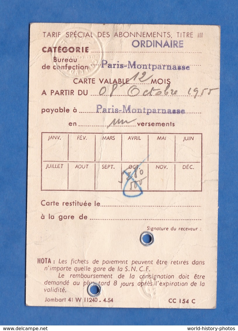 Carte D'identité Ancienne - SNCF - Demi Tarif - 3e Classe - Paris Montparnasse / Chartres - Gare - 1956 - Autres & Non Classés