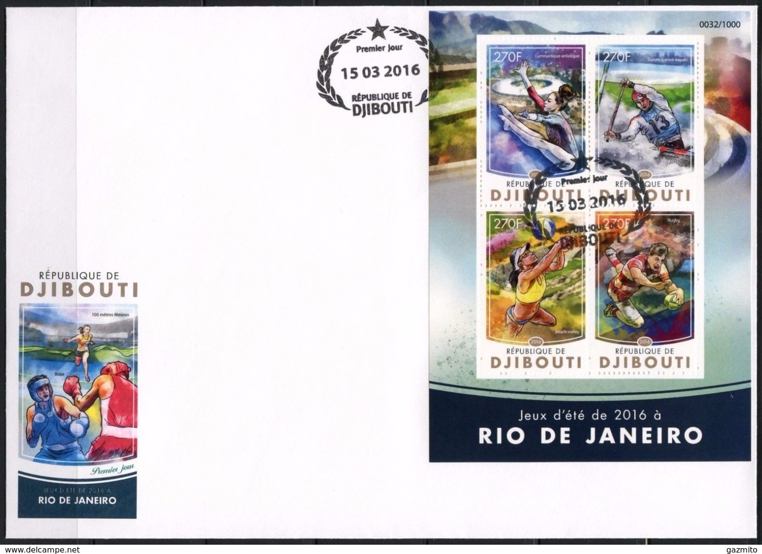 Djibouti 2016, Olympic Games In Rio, Gymnastic, Rowing, Beach Volley, Rugby, 4val In BF In FDC - Kanu