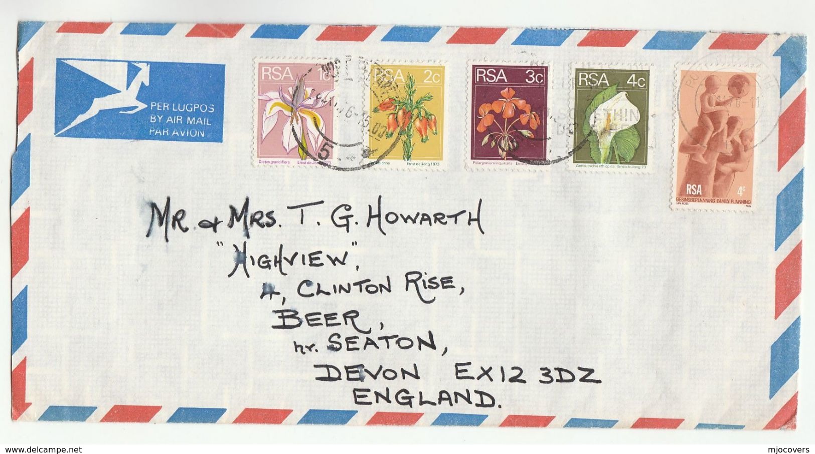 1976 Air Mail Port Elizabeth SOUTH AFRICA COVER From HOTEL ELIZABETH  To GB Stamps FLOWER , FAMILY PLANNING Flowers - Covers & Documents