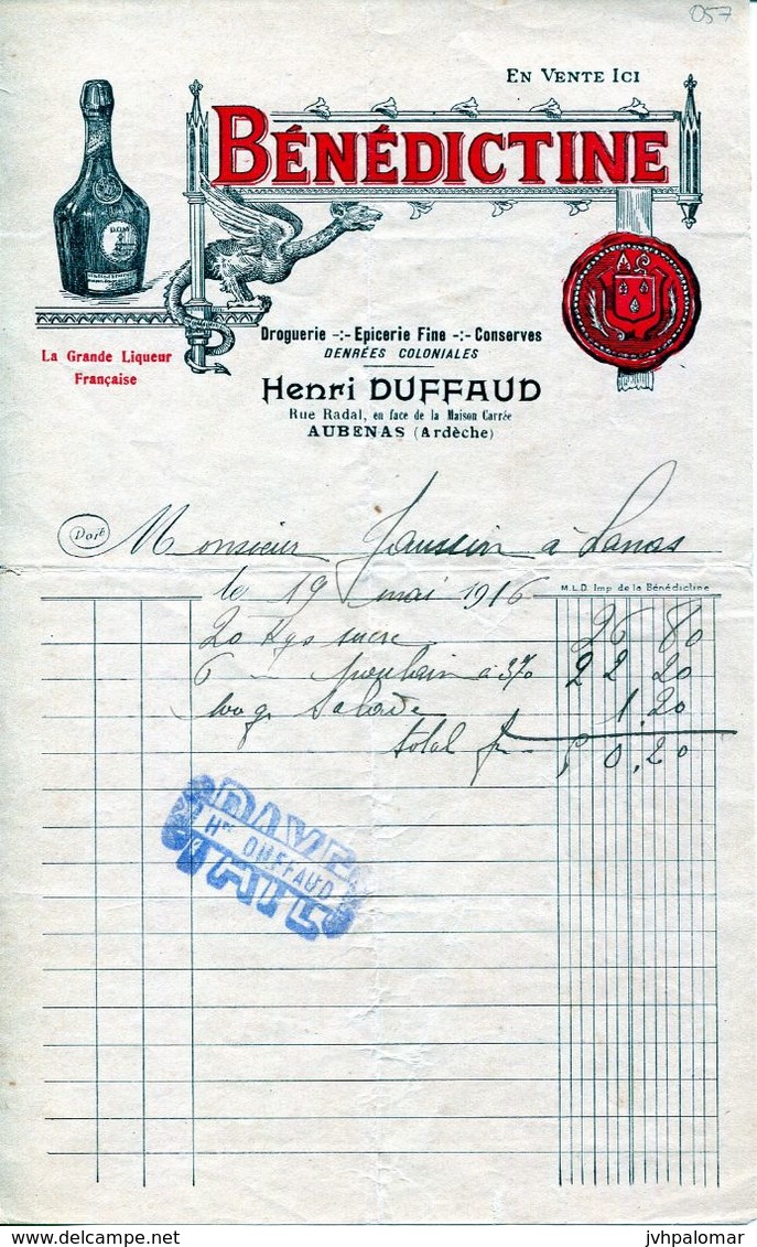 FACTURE--BÉNÉDICTINE-HENRI DUFFAUD- 1916- AUBENAS (ARDÈCHE) - Alimentos