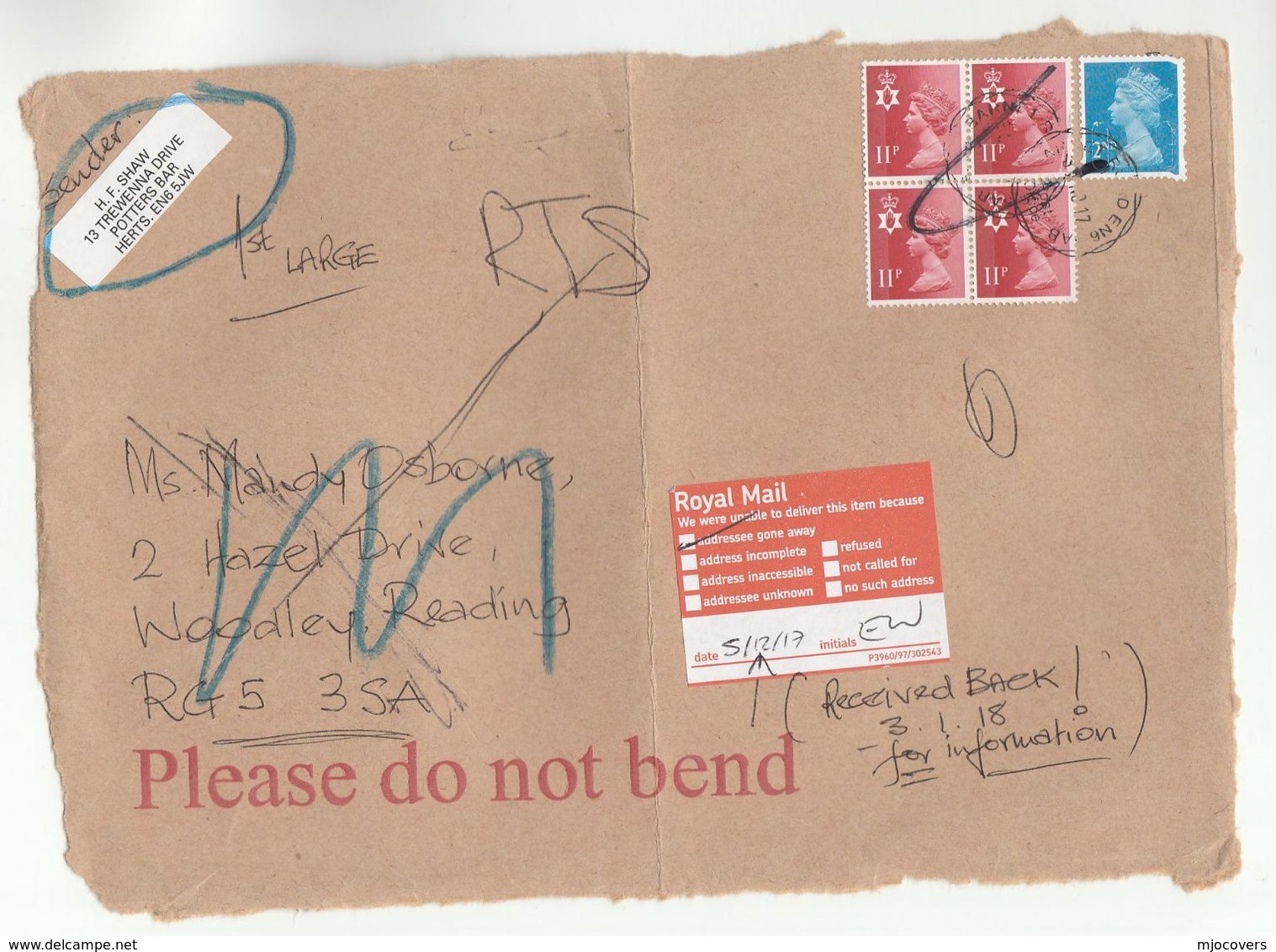 2017 GB COVER (front) RTS ROYAL MAIL RETURNED GONE AWAY POST LABEL  From Potters Bar To Reading, Stamps - Covers & Documents