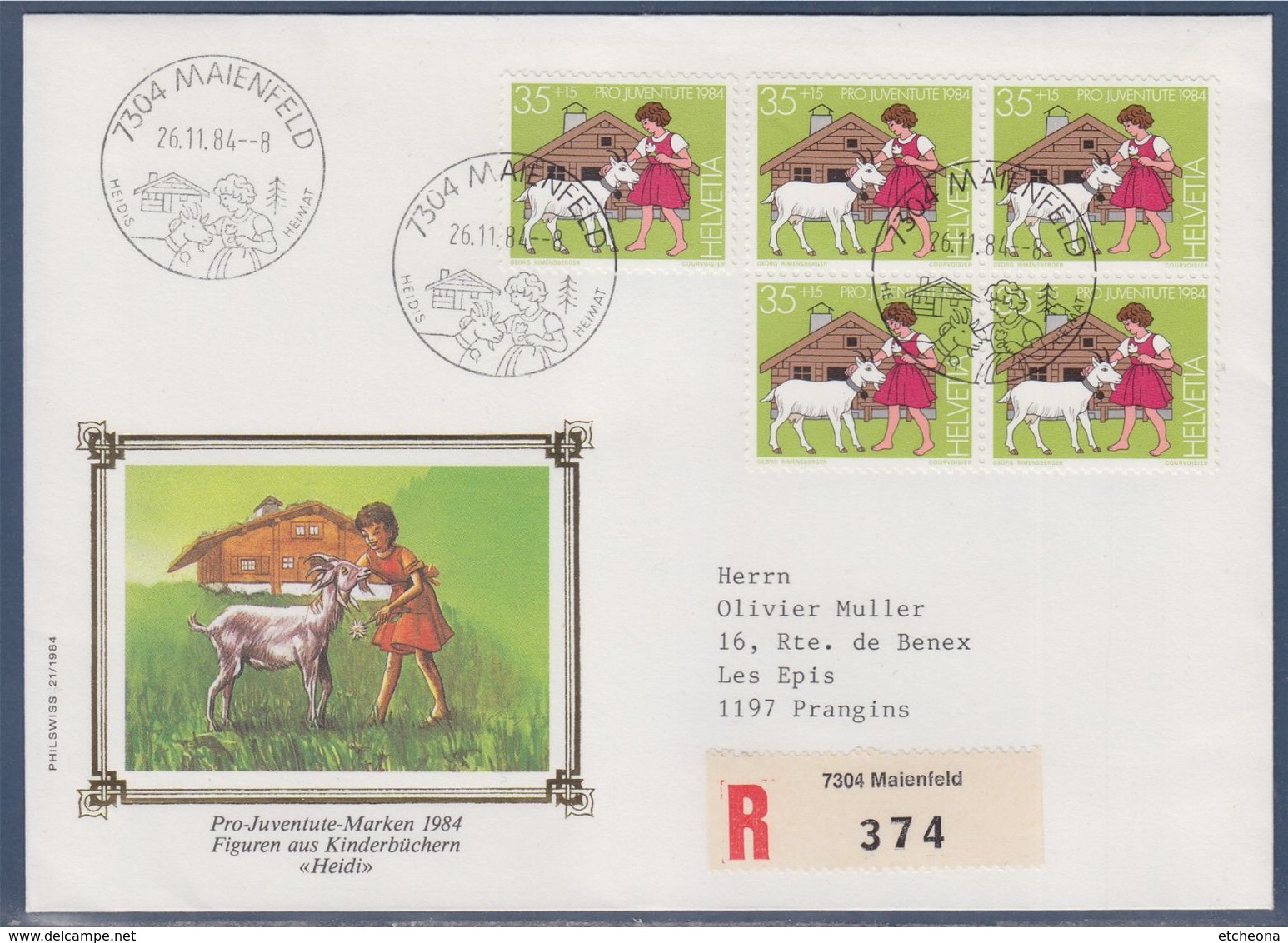 = Enveloppe Recommandé 5 Timbres Heidi Personnage De Livres D'enfants, Maienfeld, 26.11.84 - Postmark Collection