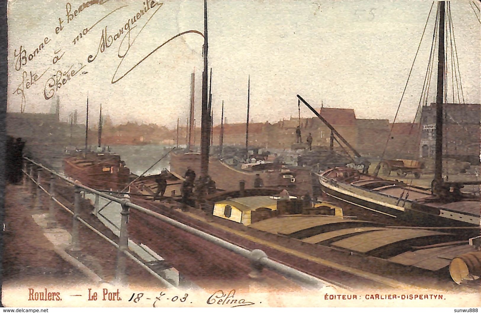 Roulers - Le Port (animée, Colorisée, Edit. Carlier-Dispertyn 1903, Batellerie) - Hausboote