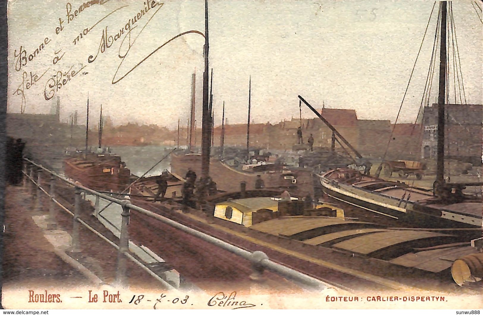Roulers - Le Port (animée, Colorisée, Edit. Carlier-Dispertyn 1903, Batellerie) - Péniches