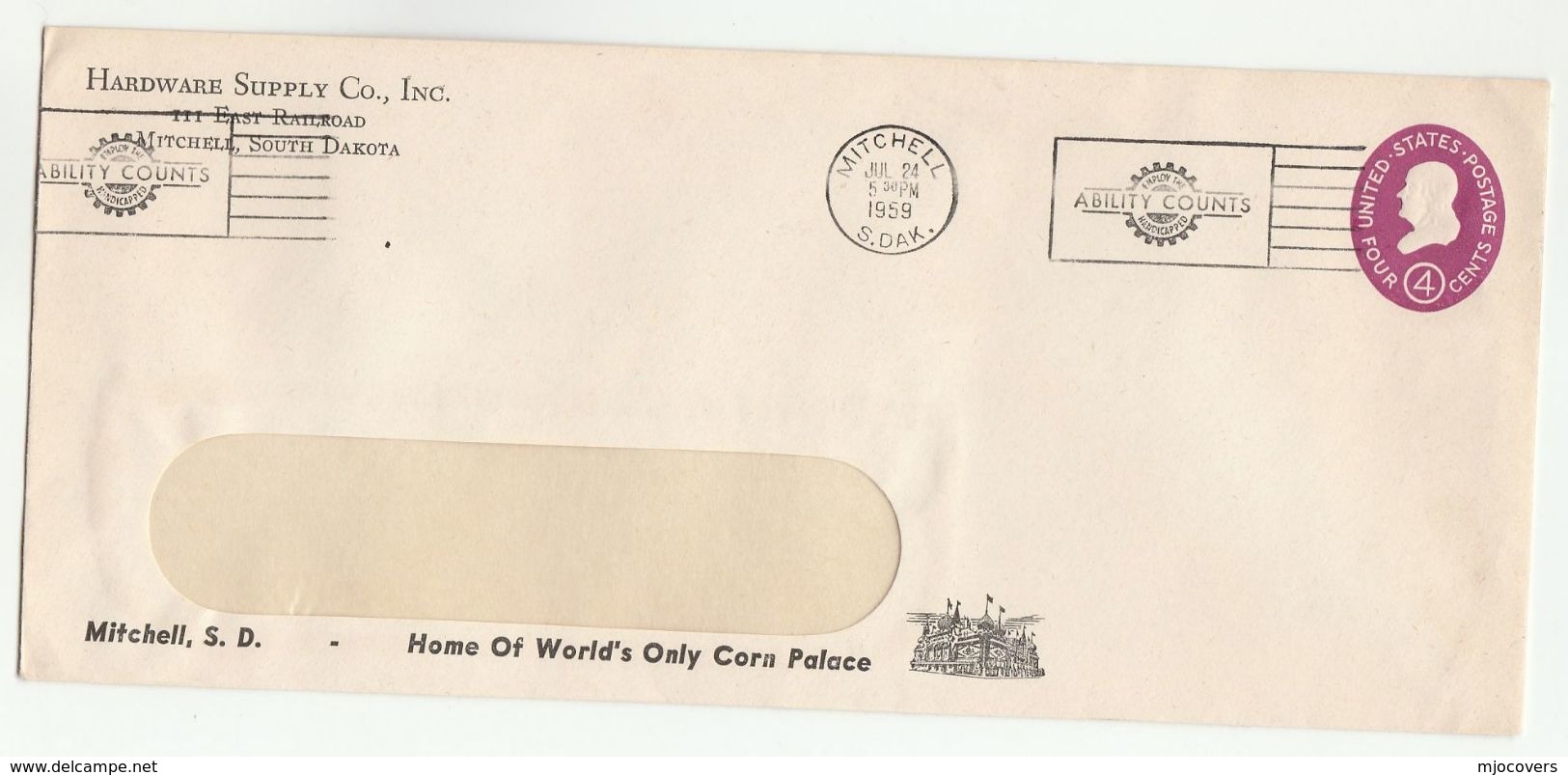 1959 USA Illus ADVERT  POSTAL STATIONERY COVER Illus MITCHELL SD  WORLDS CORN PALACE Hardware Supply Co , Stamps - 1941-60