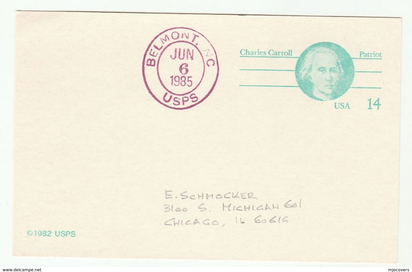 1985 Belmont Nc USA POSTAL STATIONERY CARD  Charles Caroll Cover Stamps - 1981-00